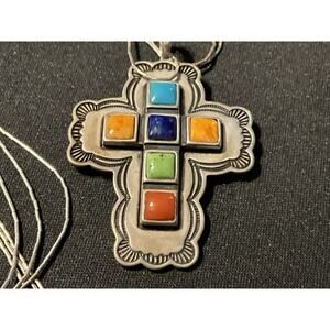 Don Lucas Cross Necklace. Liquid Silver, Turquoise, Spiny Oyster, Lapis, Coral